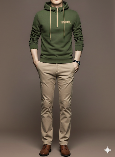 Person wearing a green hoodie with 'DEGLOME' branding and beige pants on a brown background